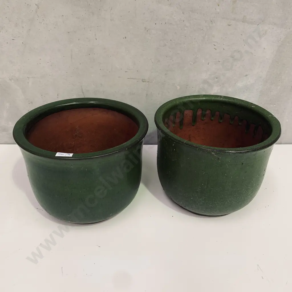 Pair of Terracotta Plant pots with avocado green glaze Image 1++