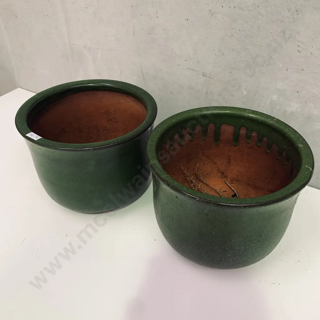 Pair of Terracotta Plant pots with avocado green glaze Image 1++