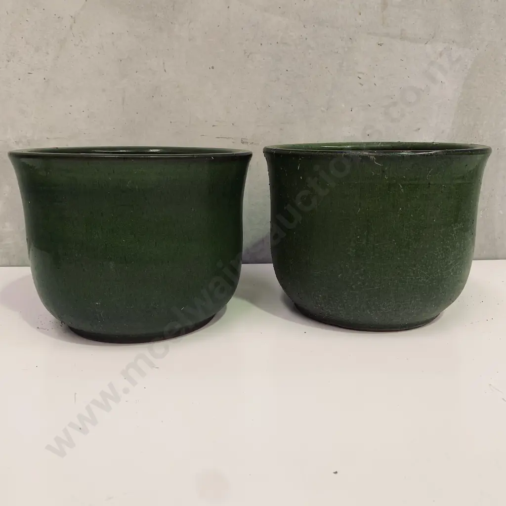 Pair of Terracotta Plant pots with avocado green glaze Image 1++