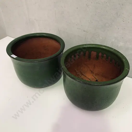 Pair of Terracotta Plant pots with avocado green glaze