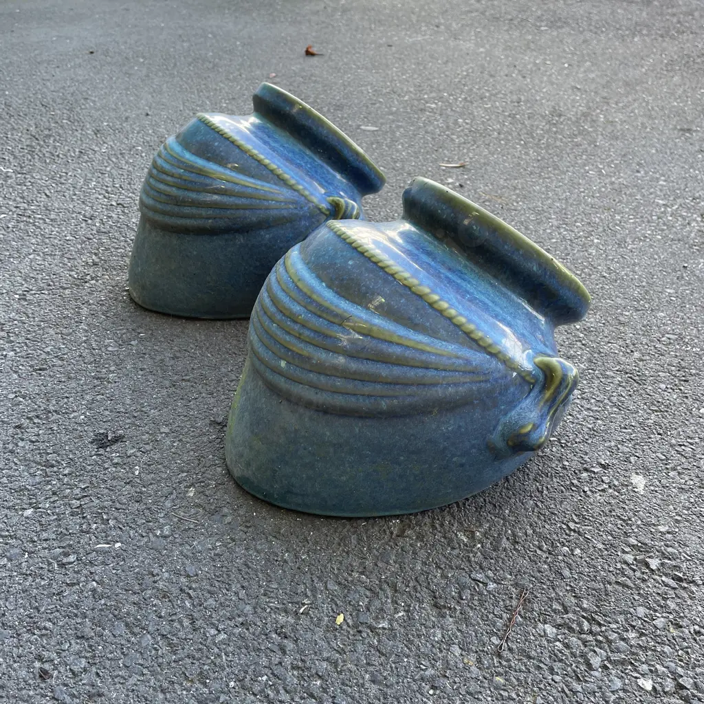 Two Wall hung Pottery Urn Plant pots. Blue glaze. Image 1++