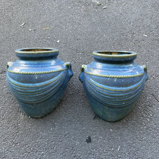 Two Wall hung Pottery Urn Plant pots. Blue glaze.