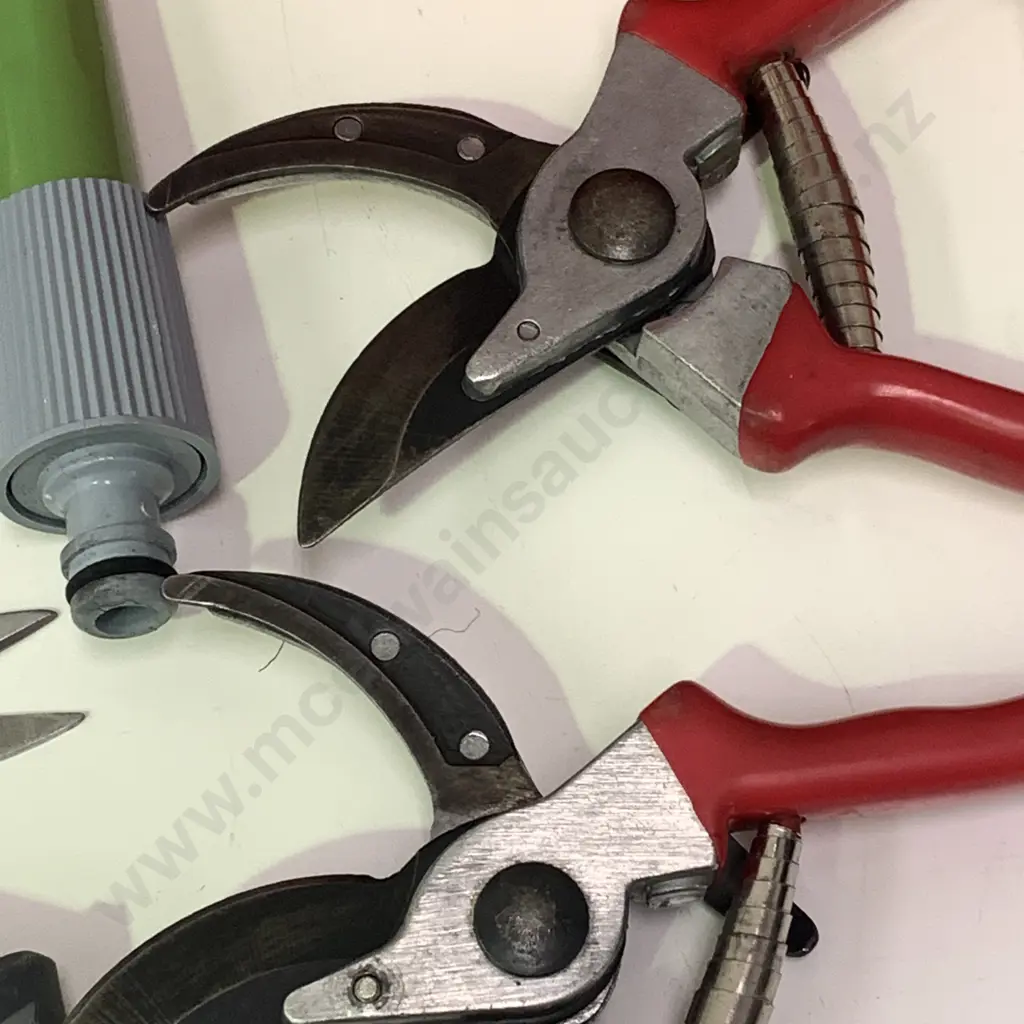 Assorted Gardening Tools in Red and Blue Buckets, incl Hose attachments, gloves, sprayer, rust free pruning shears etc Image 1++
