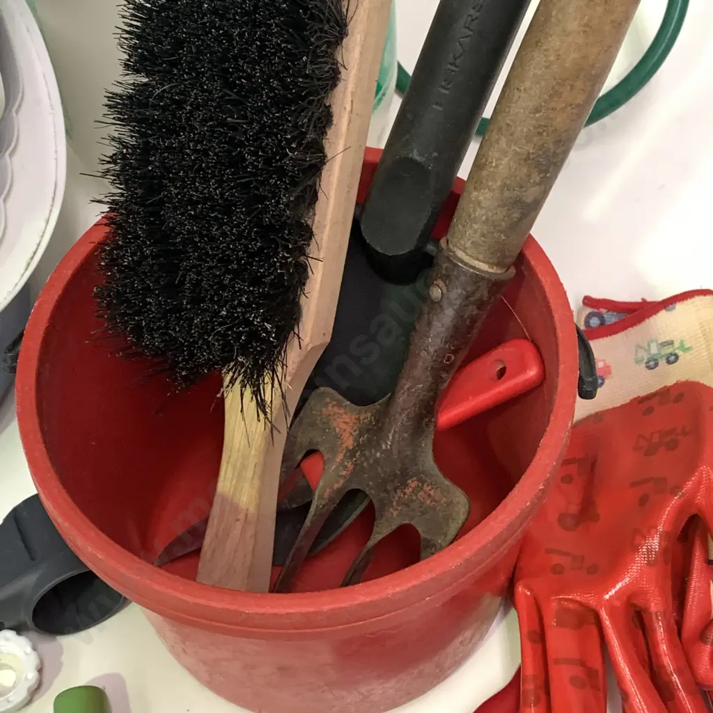 Assorted Gardening Tools in Red and Blue Buckets, incl Hose attachments, gloves, sprayer, rust free pruning shears etc Image 1++