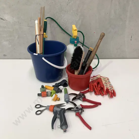 Assorted Gardening Tools in Red and Blue Buckets, incl Hose attachments, gloves, sprayer, rust free pruning shears etc