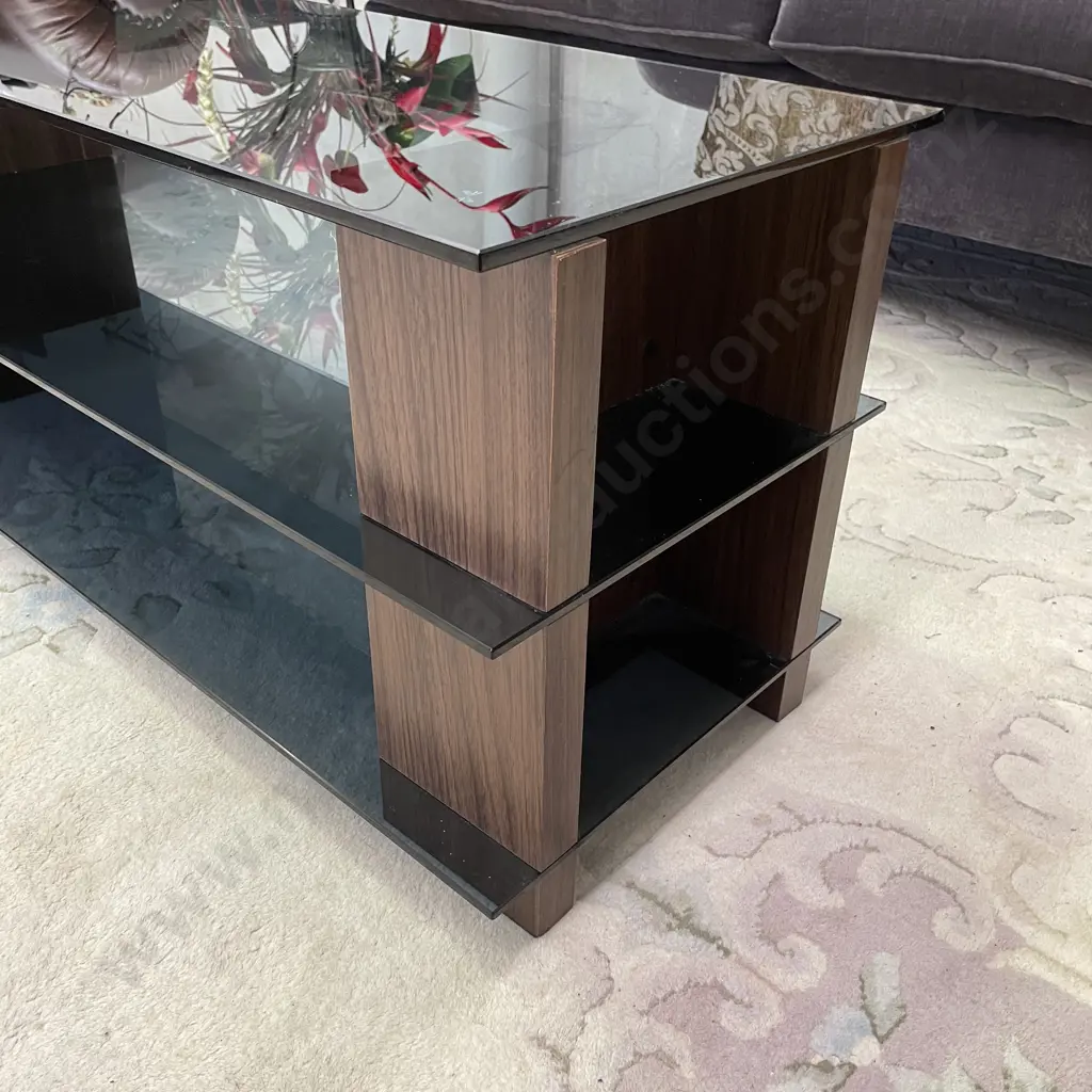 3 Tier Modernist Glass Coffee Table, Smoke Glass. W120 H48 D43cm Image 1++