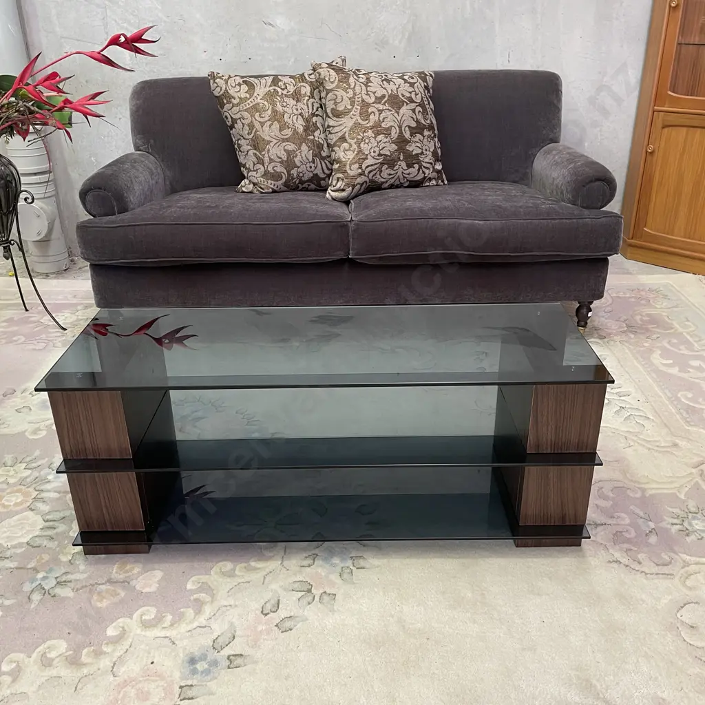 3 Tier Modernist Glass Coffee Table, Smoke Glass. W120 H48 D43cm Image 1++