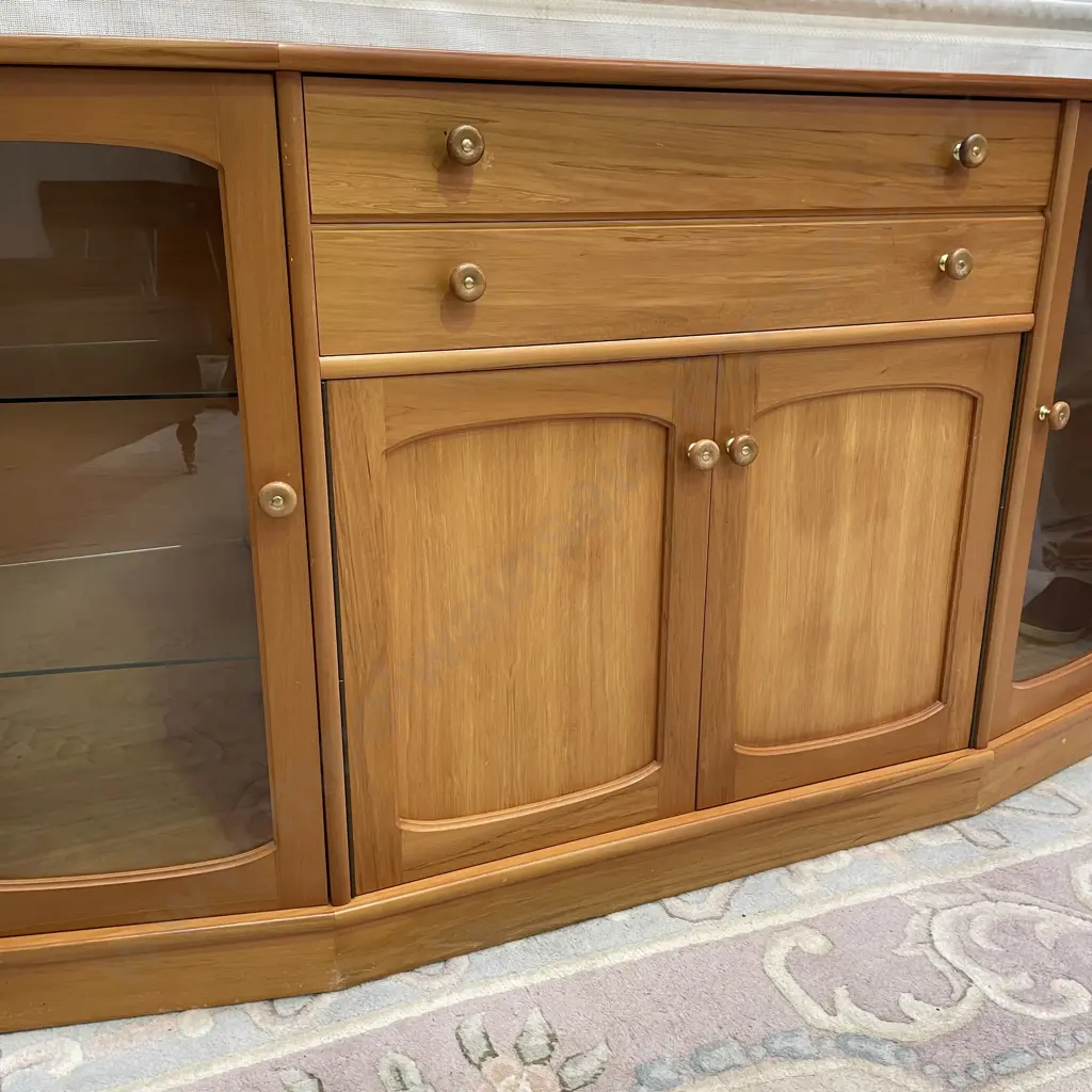 Danske Mobler Sideboard/Buffet. 4 Door with 2 glass fronts, 2 Drawer with 1 felt lined cutlery. Internal Glass shelves Image 1++