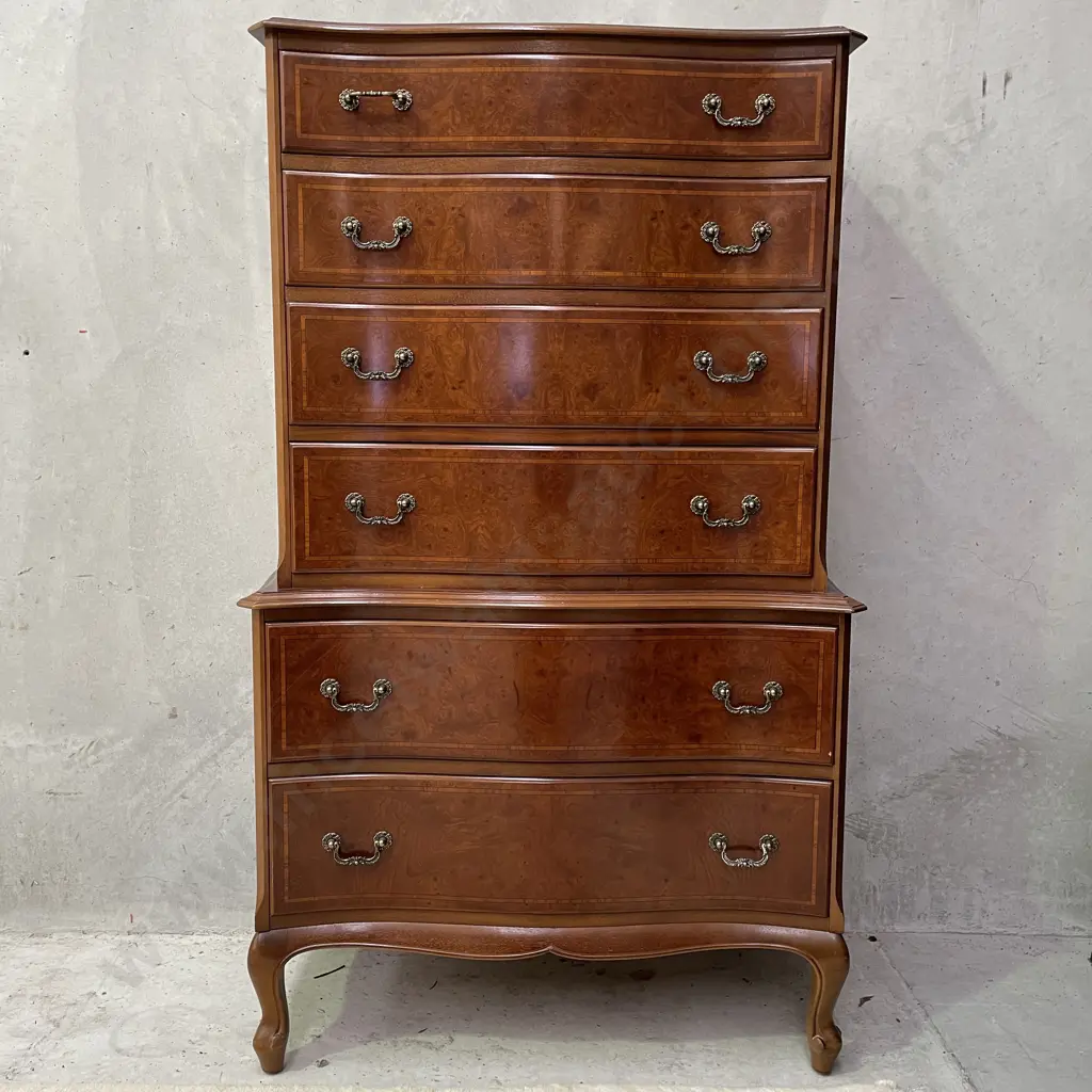 Stunning Antique Reproduction Burr Walnut 6 Drawer Double Chest Tallboy. Image 1++