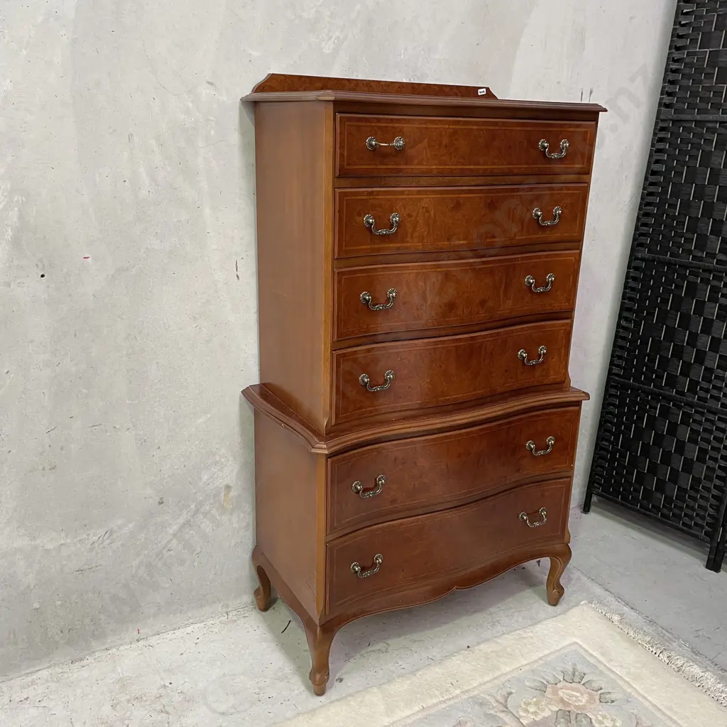 Stunning Antique Reproduction Burr Walnut 6 Drawer Double Chest Tallboy. Image 1++