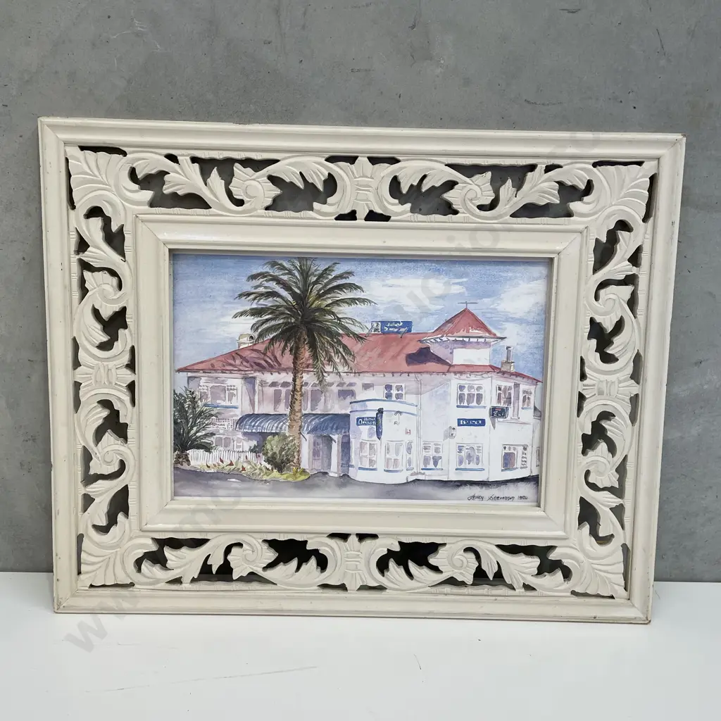 Ornate Carved Cream Painted Wooden frame with Watercolour by Lesley Stevenson 1994. 60 c 48cm Image 1++