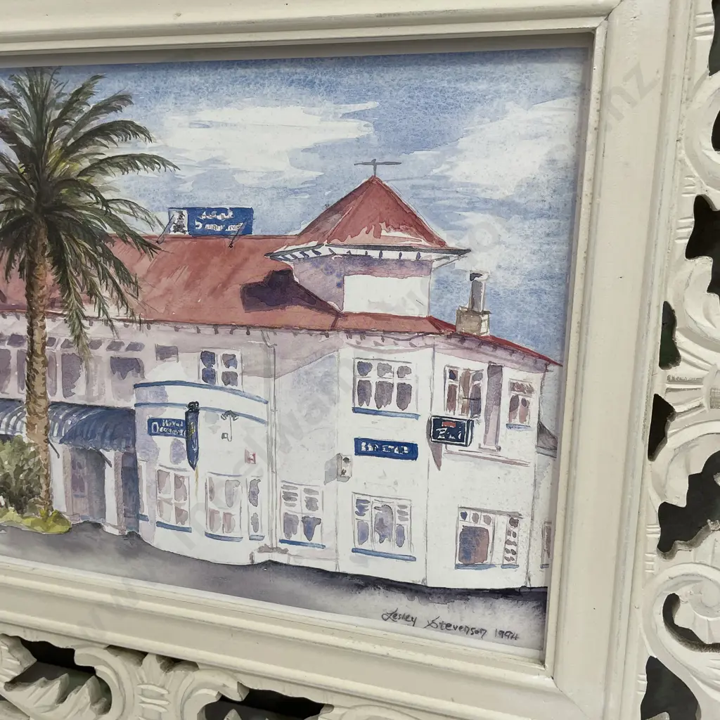 Ornate Carved Cream Painted Wooden frame with Watercolour by Lesley Stevenson 1994. 60 c 48cm Image 1++