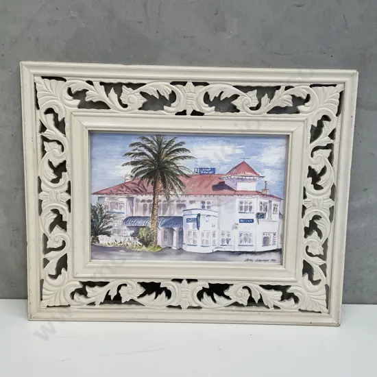 Ornate Carved Cream Painted Wooden frame with Watercolour by Lesley Stevenson 1994. 60 c 48cm