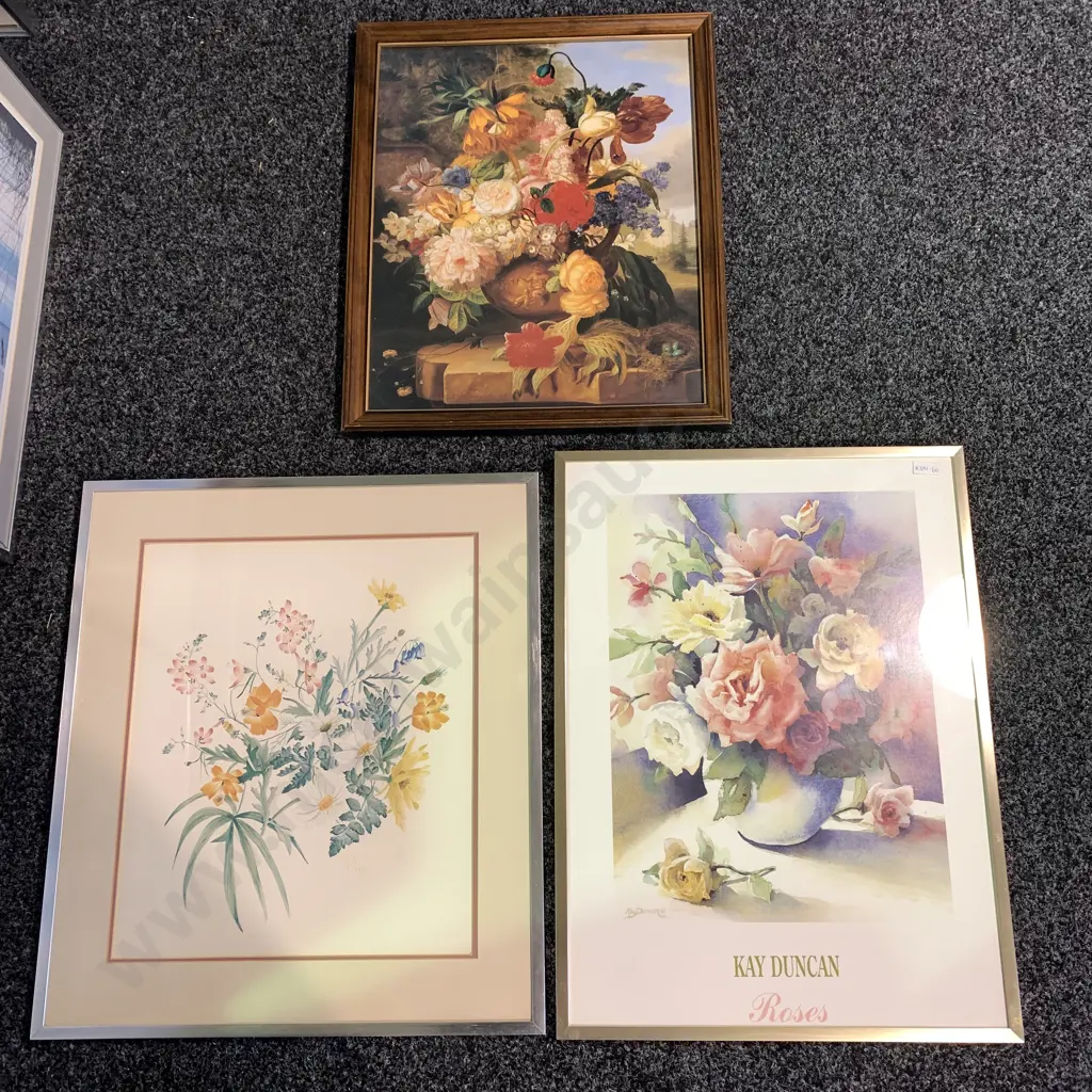 Trio of Framed and Glazed artworks of flowers Image 1++