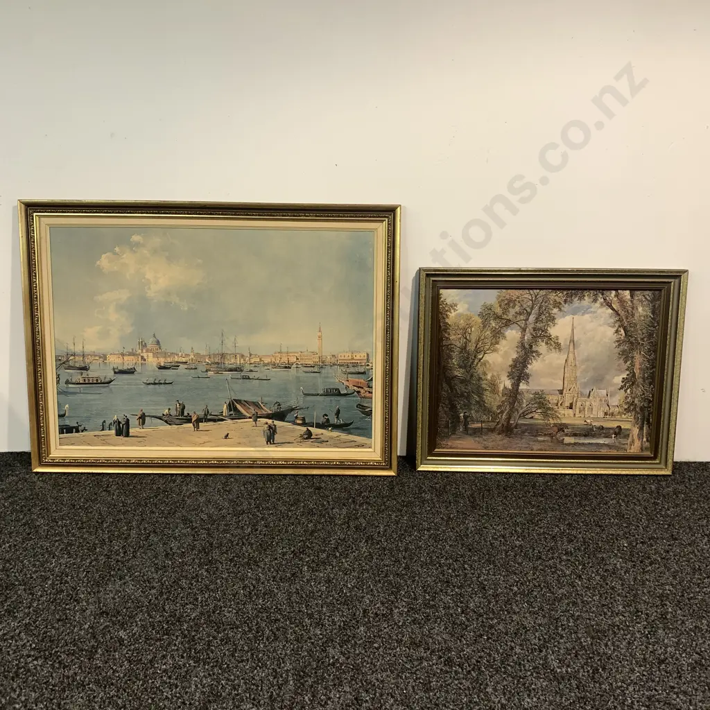 Pair of Framed Artworks. Salisbury Cathedral from the Bishops Grounds by John Constable plus Scene from Venice Image 1++