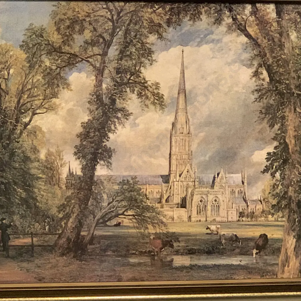 Pair of Framed Artworks. Salisbury Cathedral from the Bishops Grounds by John Constable plus Scene from Venice Image 1++