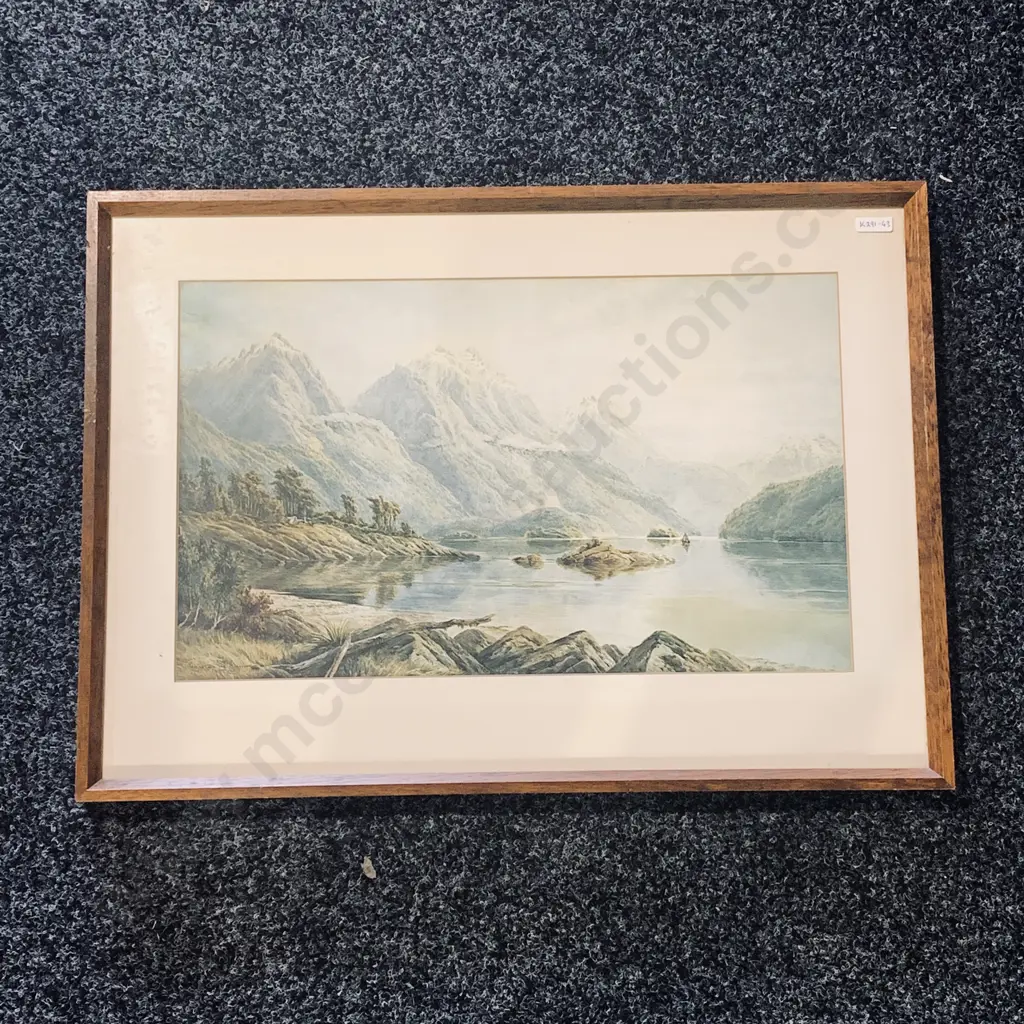 Vintage Wooden Framed and Glazed Print, Isthmus Cove Lake Manapouri - L.W. Wilson Private Collection Image 1++