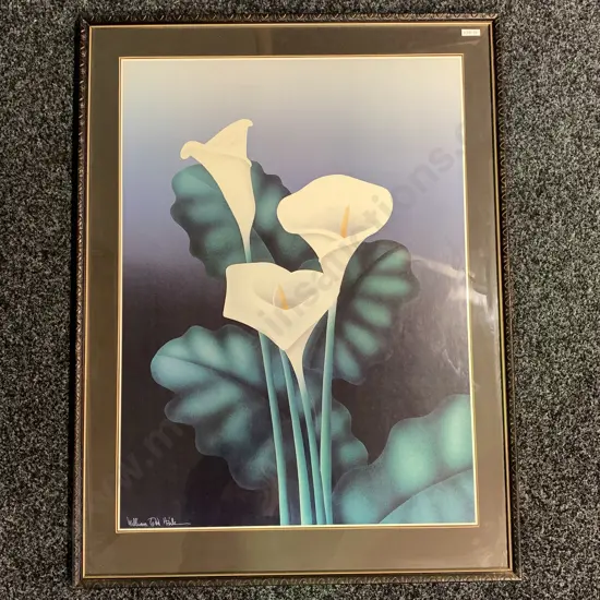 Large Vintage Glazed and Carved Wooden Framed Artwork by WIlliam Todd Haile "Fall Lilies"