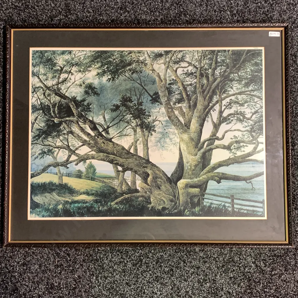 Carved Wooden Framed and Glazed print of Alfred Sharpe's 1876 Watercolour of Pohutukawa at Takapuna Beach Image 1++