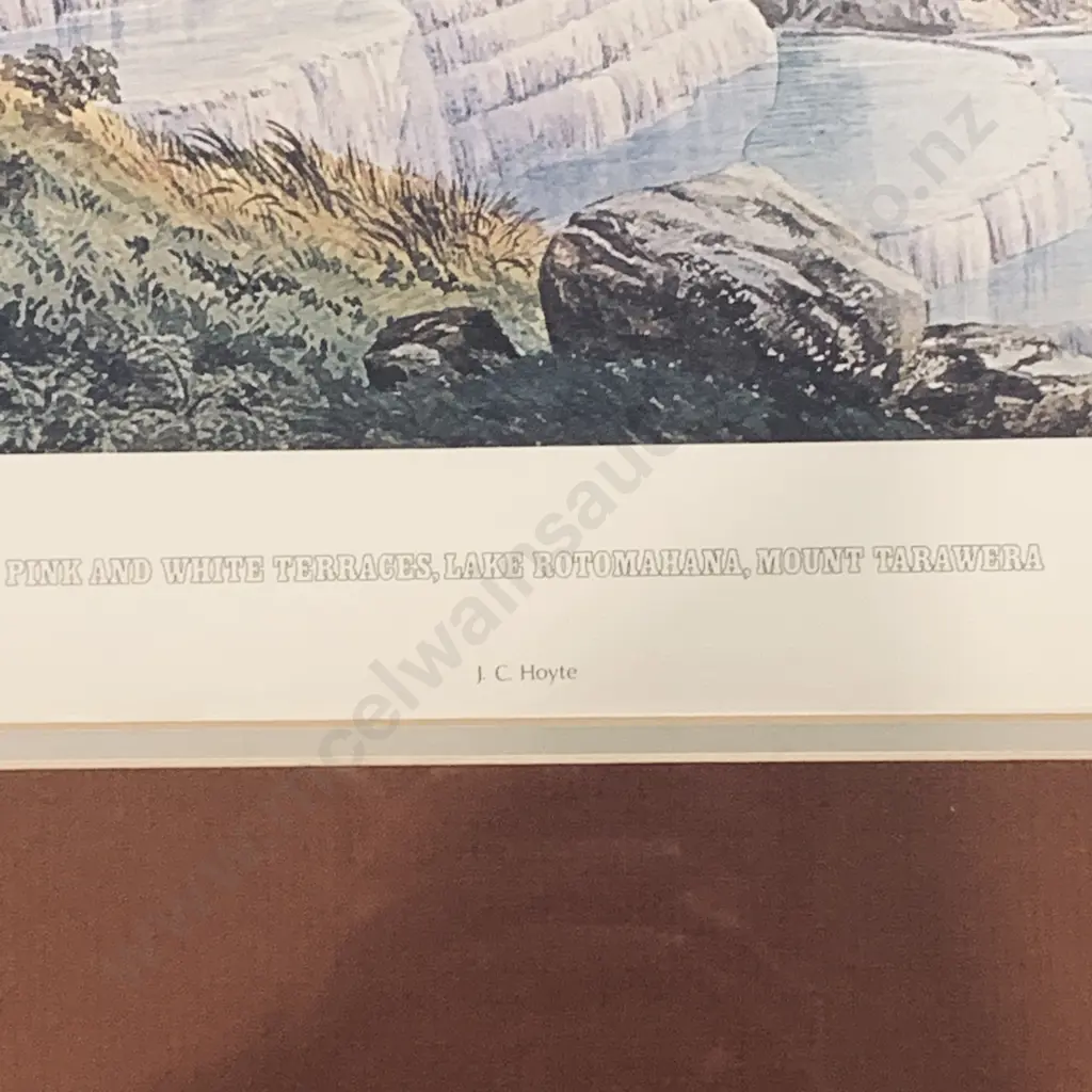 Large Wooden Framed and Glazed Print of Pink and White Terraces, Lake Rotomahana, Mount Tarawera, by J.C. Hoyte Image 1++