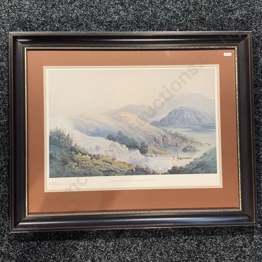 Large Wooden Framed and Glazed Print of Pink and White Terraces, Lake Rotomahana, Mount Tarawera, by J.C. Hoyte Image 1++