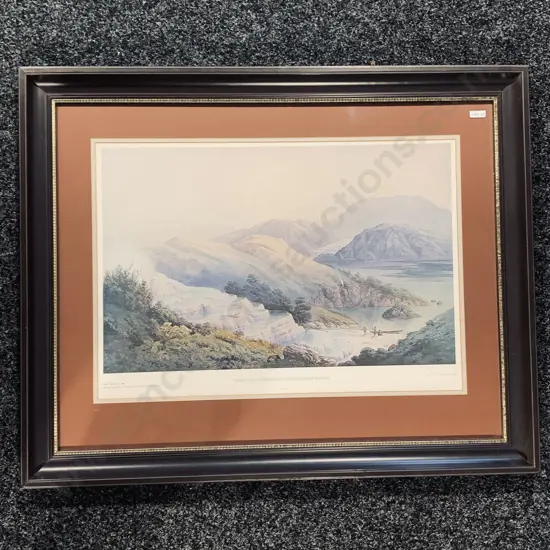 Large Wooden Framed and Glazed Print of Pink and White Terraces, Lake Rotomahana, Mount Tarawera, by J.C. Hoyte