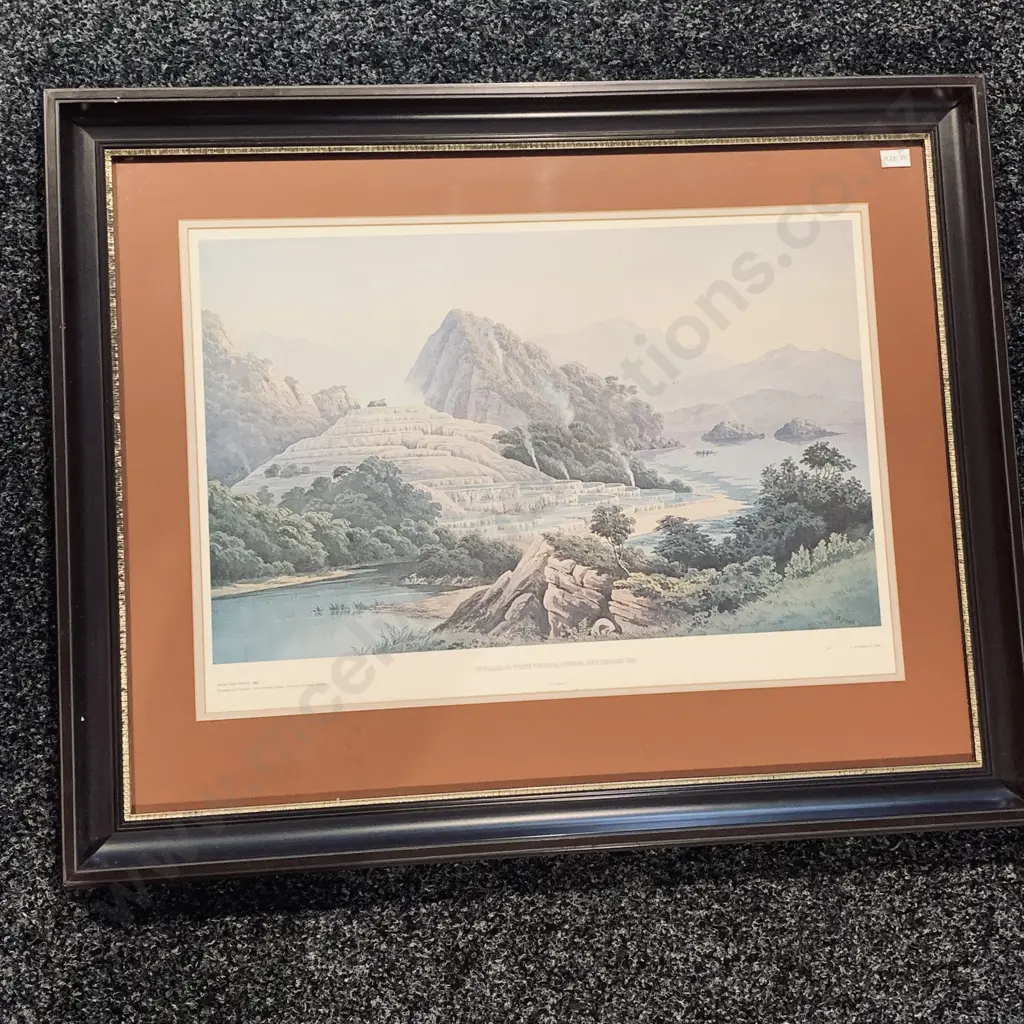 Large Wooden Framed and Glazed Print of Te Tarata, or White Terrace, Rotorua New Zealand 1882, by J.C. Hoyte Image 1++