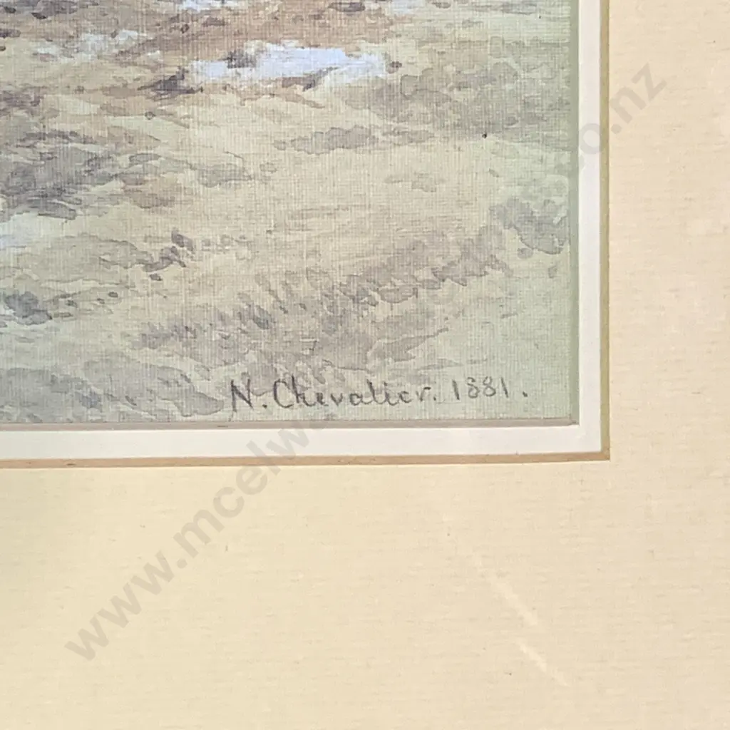 Vintage Glazed and Wooden Framed Artwork by NIcholas Chevalier of Lake Manapouri 1881 Image 1++