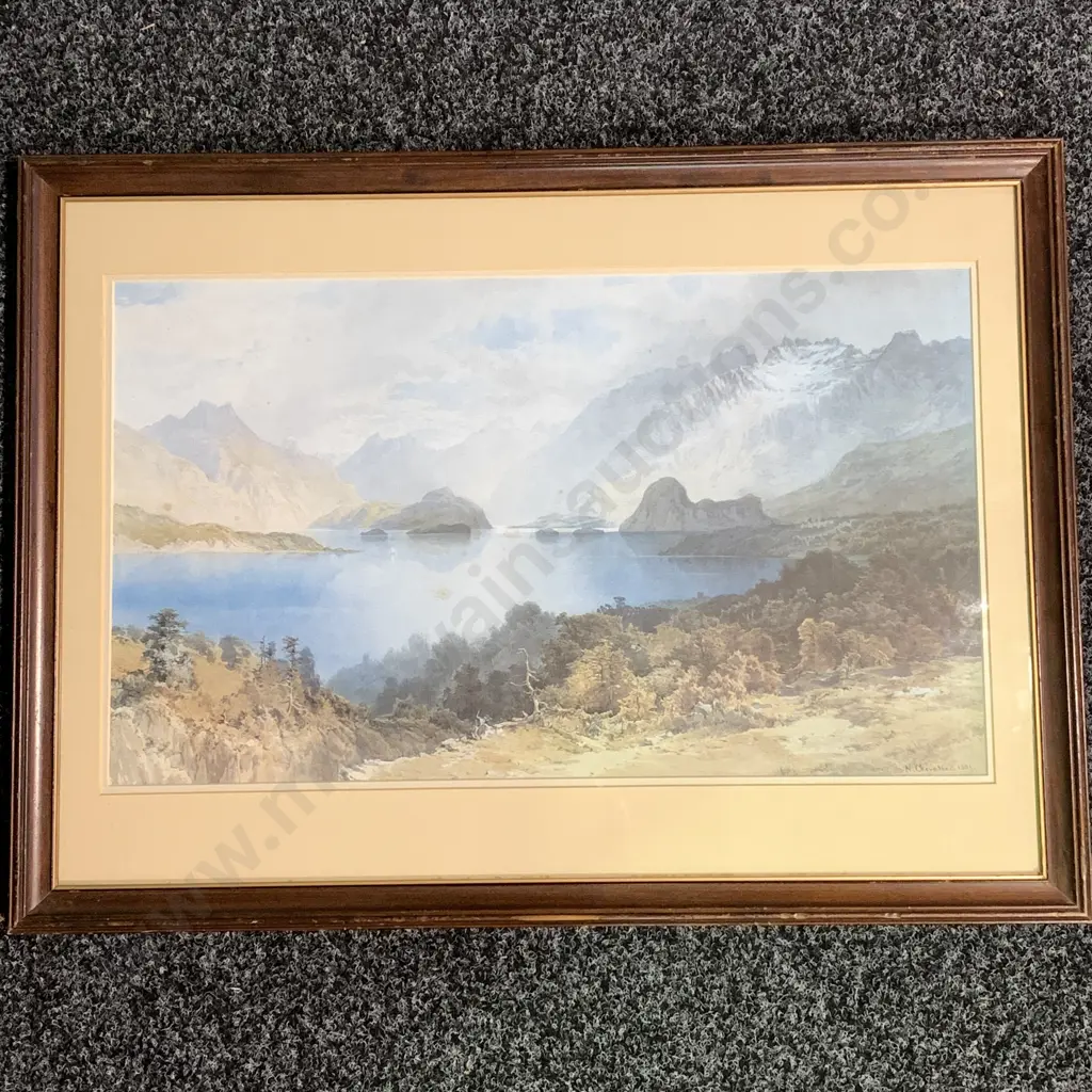 Vintage Glazed and Wooden Framed Artwork by NIcholas Chevalier of Lake Manapouri 1881 Image 1++