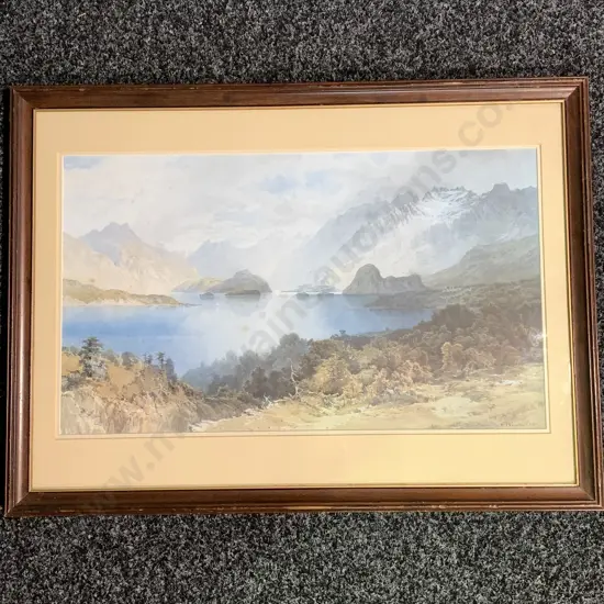 Vintage Glazed and Wooden Framed Artwork by NIcholas Chevalier of Lake Manapouri 1881