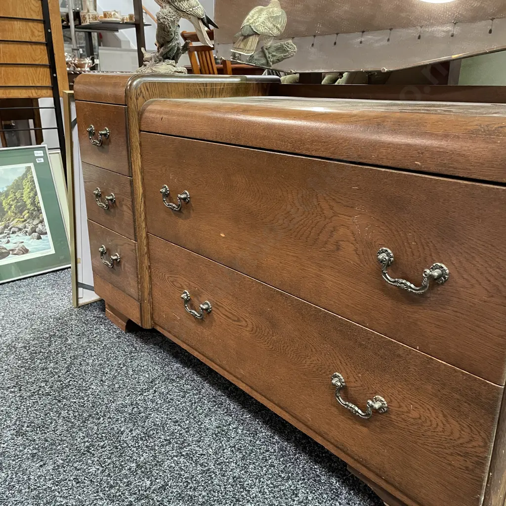 Vintage Solid Oak Art Deco Dressing table with mirror. 5 drawer, metal handles. Image 1++