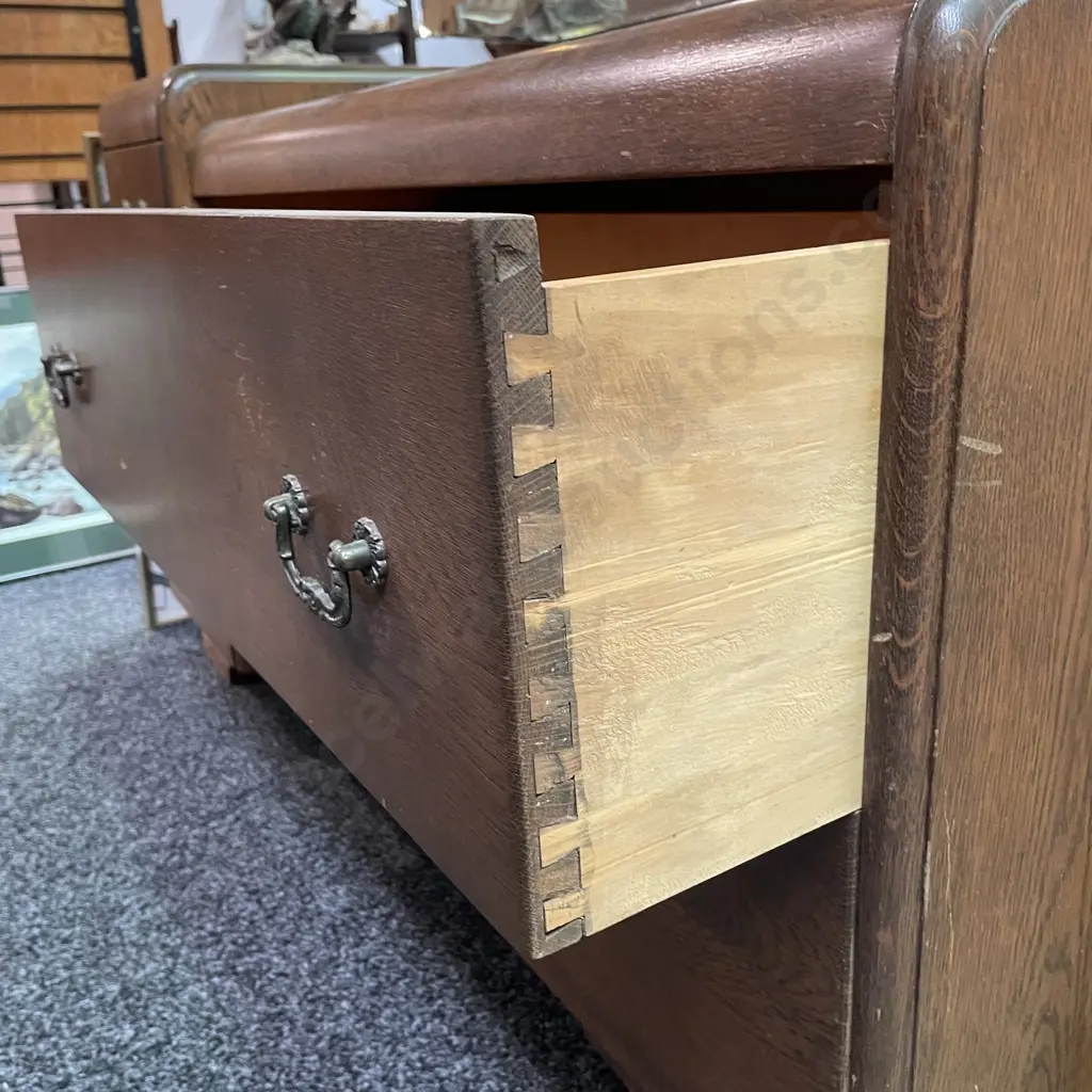 Vintage Solid Oak Art Deco Dressing table with mirror. 5 drawer, metal handles. Image 1++