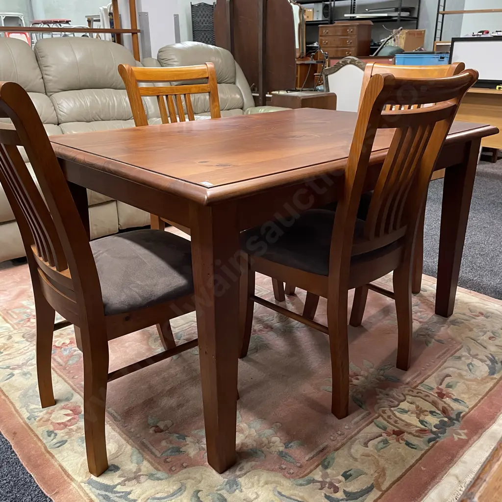 5 Piece Solid Wood Dining Suite with Slat Back Chairs and plush grey fabric seats. 130 x 90cm H76cm Image 1++