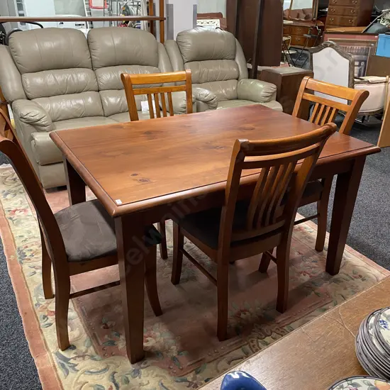 5 Piece Solid Wood Dining Suite with Slat Back Chairs and plush grey fabric seats. 130 x 90cm H76cm