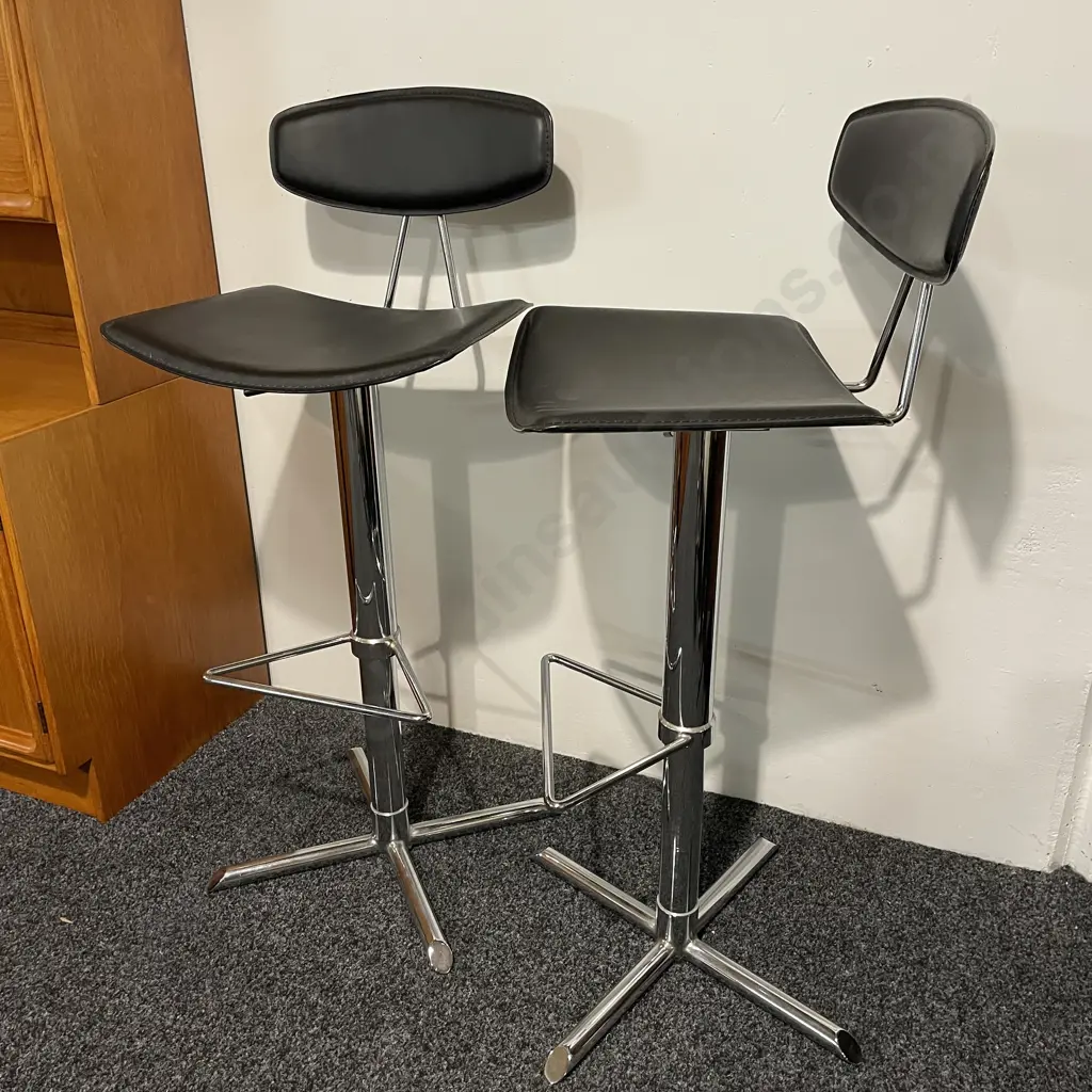 Pair Modernist Height Adjustable, Swivel Bar Stools. Chrome Frame with Black Leather? Image 1++