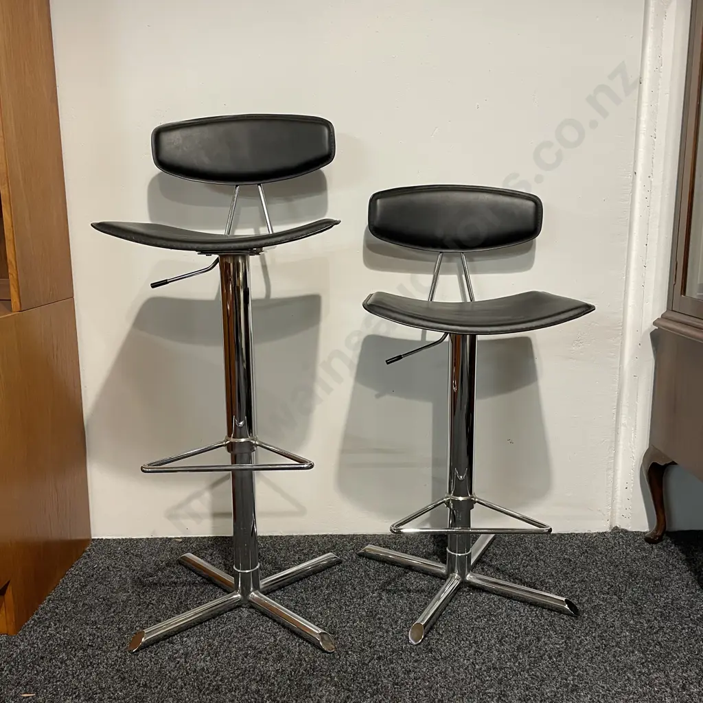 Pair Modernist Height Adjustable, Swivel Bar Stools. Chrome Frame with Black Leather? Image 1++