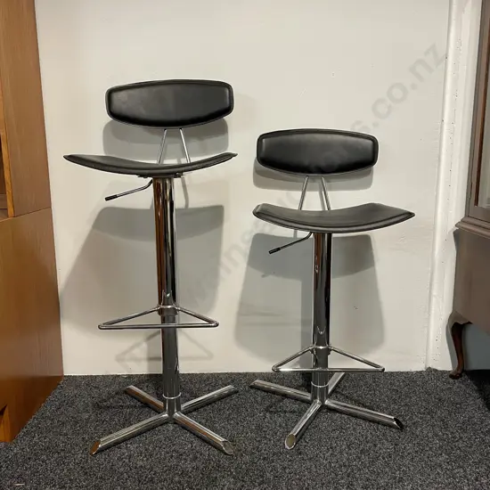 Pair Modernist Height Adjustable, Swivel Bar Stools. Chrome Frame with Black Leather?