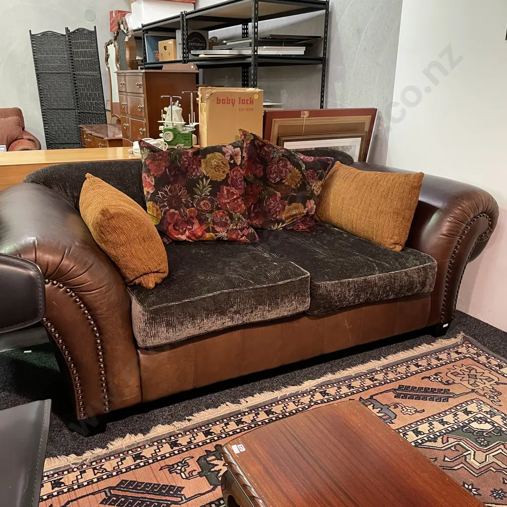 Montreux Leather and Fabric Wide 2 Seater. Tasman Settler Serge James Dunlop Ripple Walnut. Rolled Arms, Domed Front Image 1++