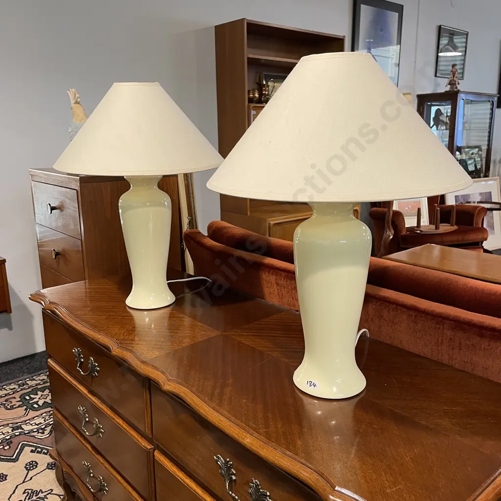 Pair of Cream Painted Ceramic Table Lamps with Fabric Shade. H56cm Image 1++