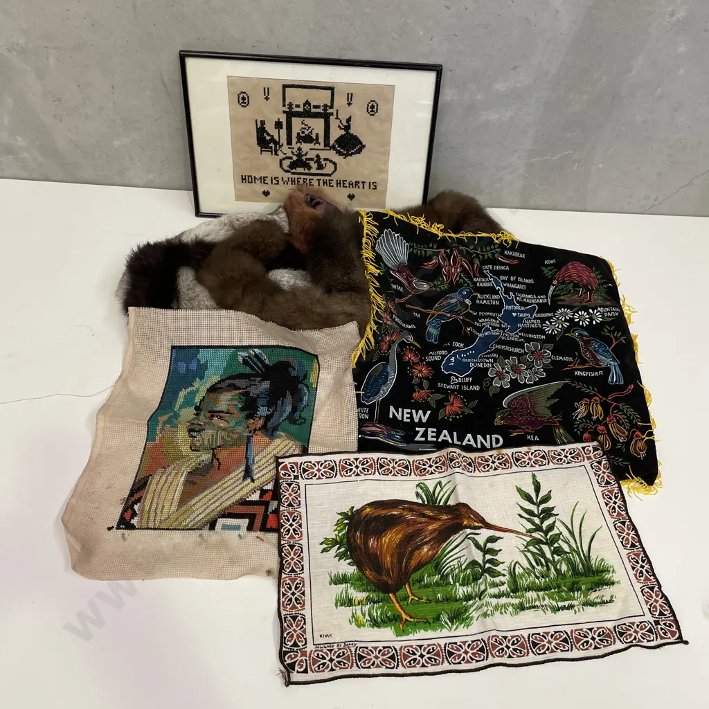 Assorted Vintage Fur Collars with tapestry and Kiwiana Linen Image 1++