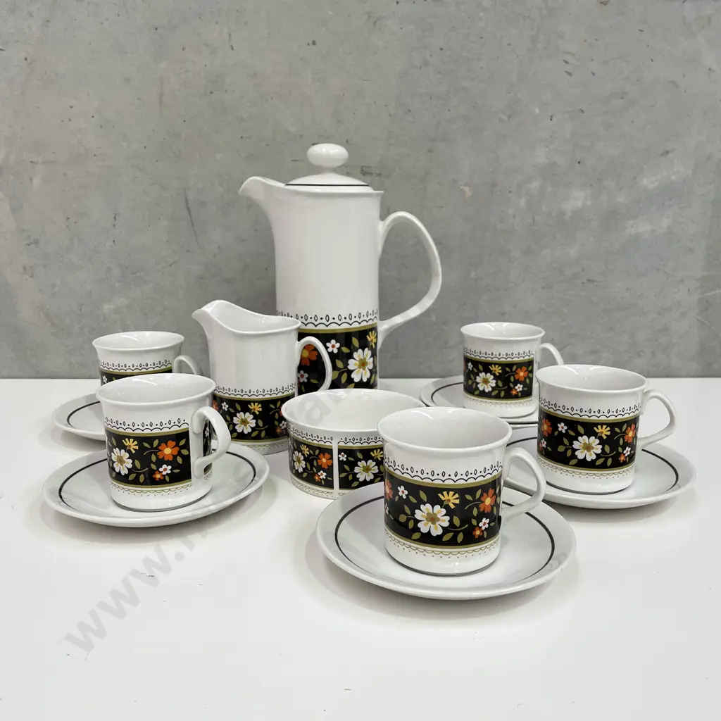Ridgway Vintage Retro "Tyrol" patterned Coffee Set with Coffee Pot, jug, sugar bowl, 6 saucers, 5 mugs Image 1++