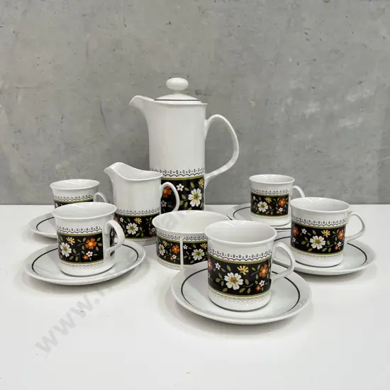 Ridgway Vintage Retro "Tyrol" patterned Coffee Set with Coffee Pot, jug, sugar bowl, 6 saucers, 5 mugs