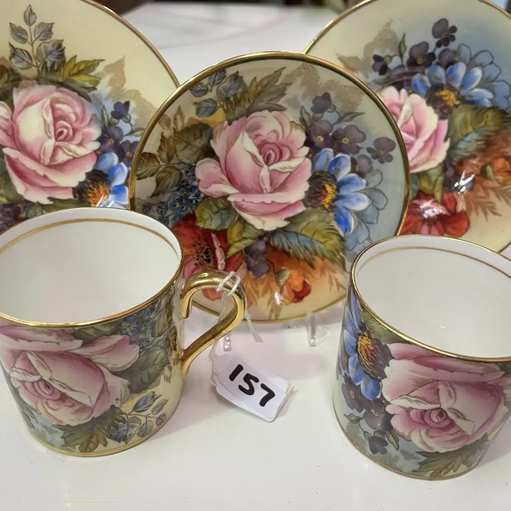 Beautiful Pair Aynsley Cabbage Rose Coffee Can & Saucer- Signed Bailey with sweet Dish Dia 10.5cm Image 1++