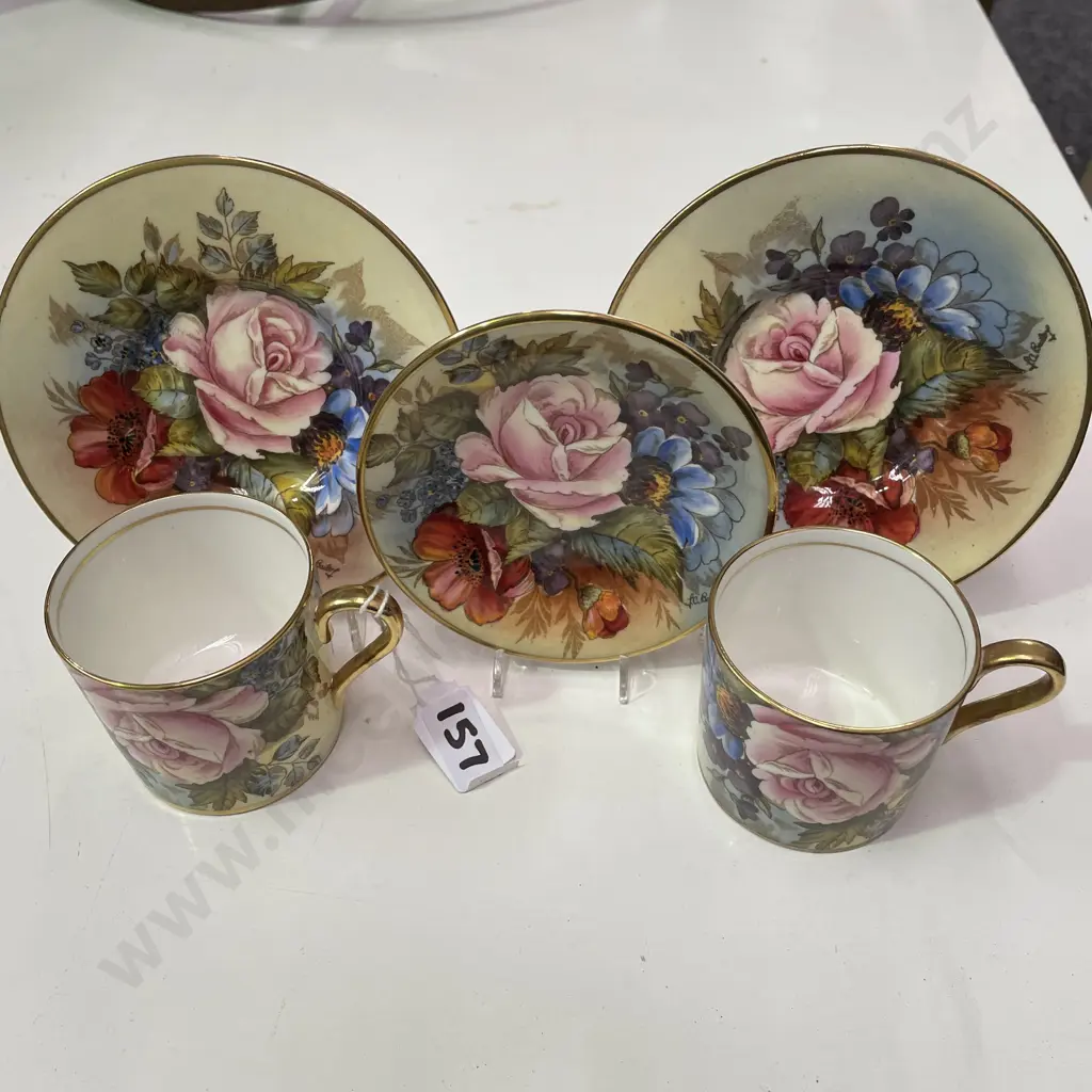 Beautiful Pair Aynsley Cabbage Rose Coffee Can & Saucer- Signed Bailey with sweet Dish Dia 10.5cm Image 1++