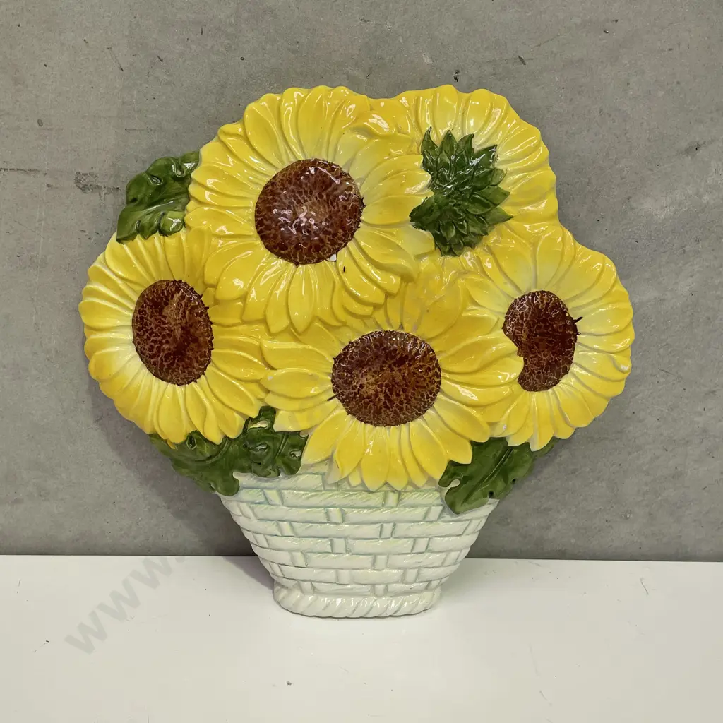 Stunning Art Pottery Wall Hung Vase with Sunflowers. 28 x 31cm Image 1++