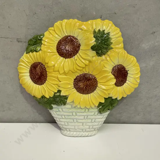 Stunning Art Pottery Wall Hung Vase with Sunflowers. 28 x 31cm