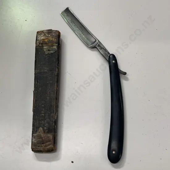 Vintage Christopher Johnson Sheffied Black Handled Shaving Straight Razor Blade with Leather Case