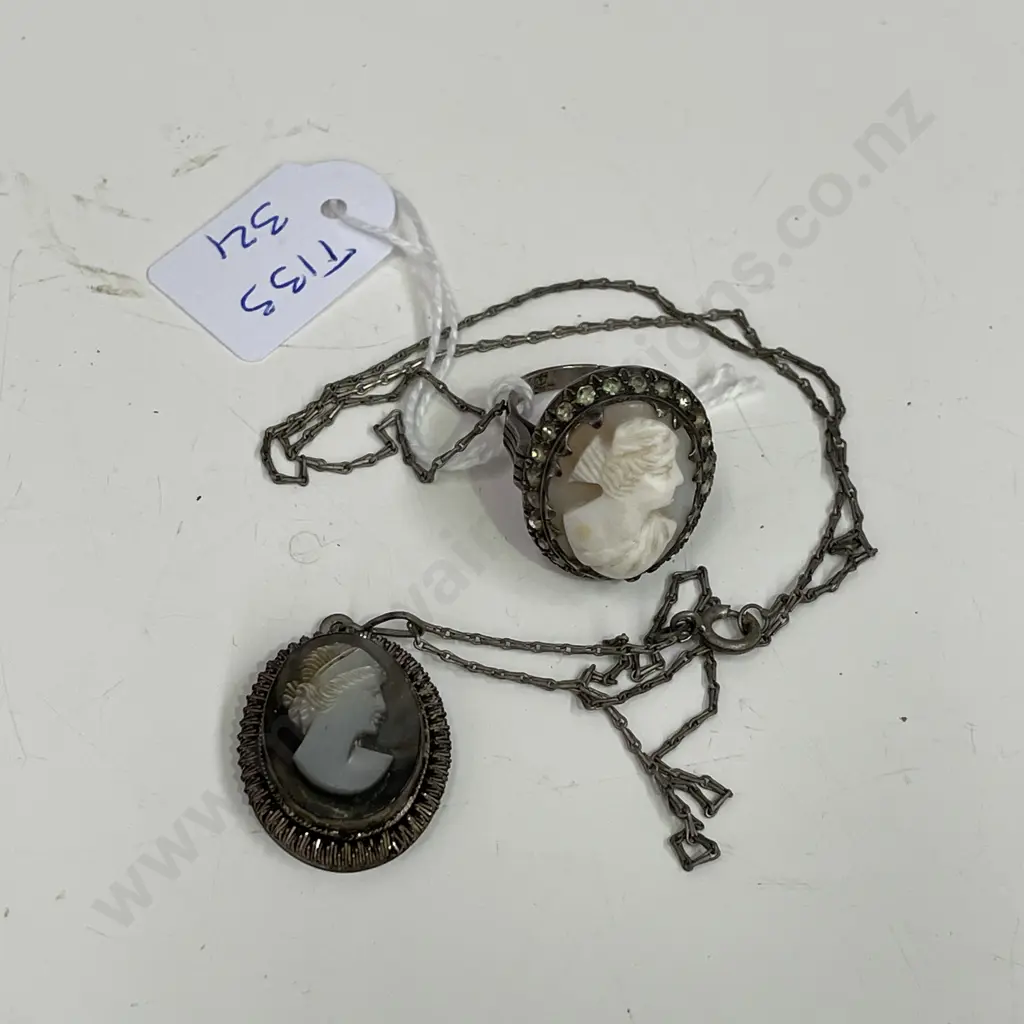 Vintage Sterling Silver Ring and Necklace with Cameos Image 1++
