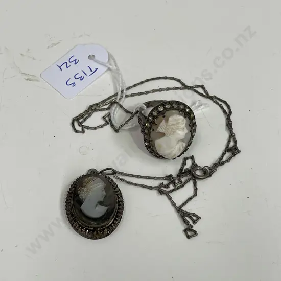 Vintage Sterling Silver Ring and Necklace with Cameos