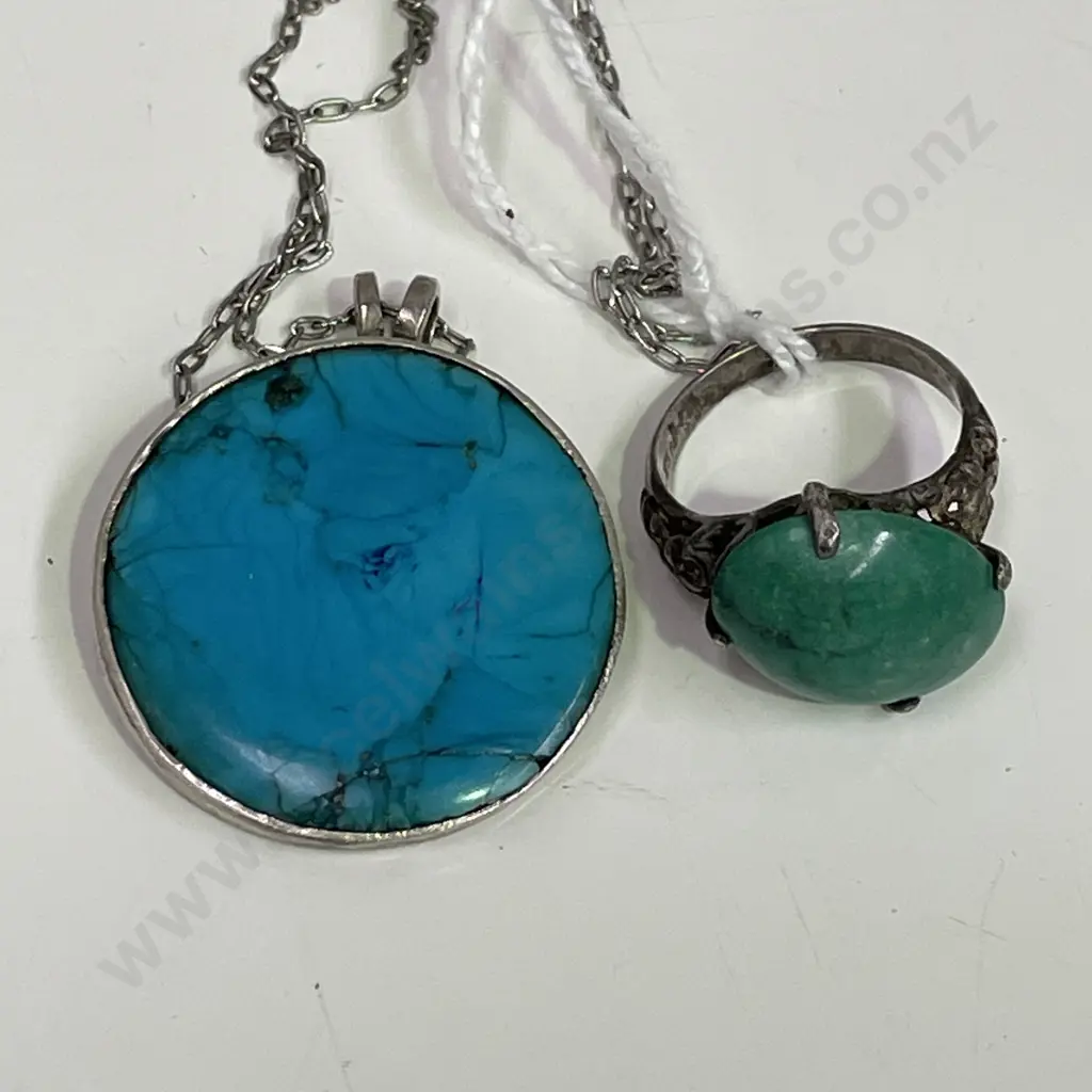 Sterling Silver Ring with Turquoise stone and Sterling Silver? Turquoise pendant Image 1++